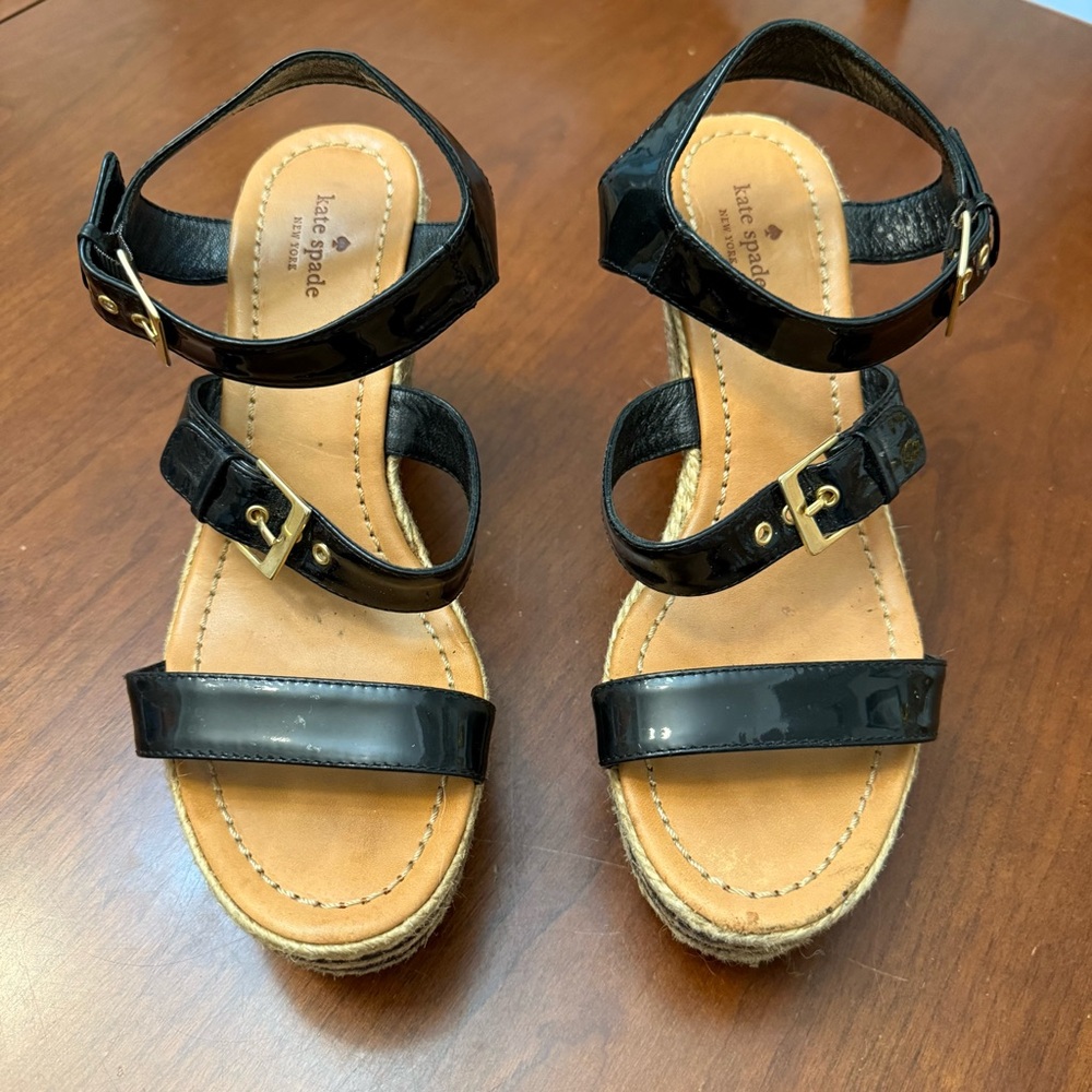 kate spade Black Patent Leather Striped Espadrille Wedges - Picture 2 of 6